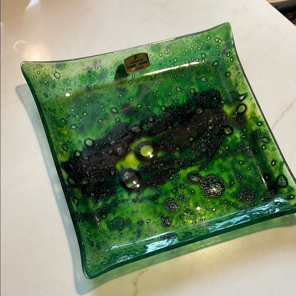 Handcrafted Green Glass Art Plate Made in Israel